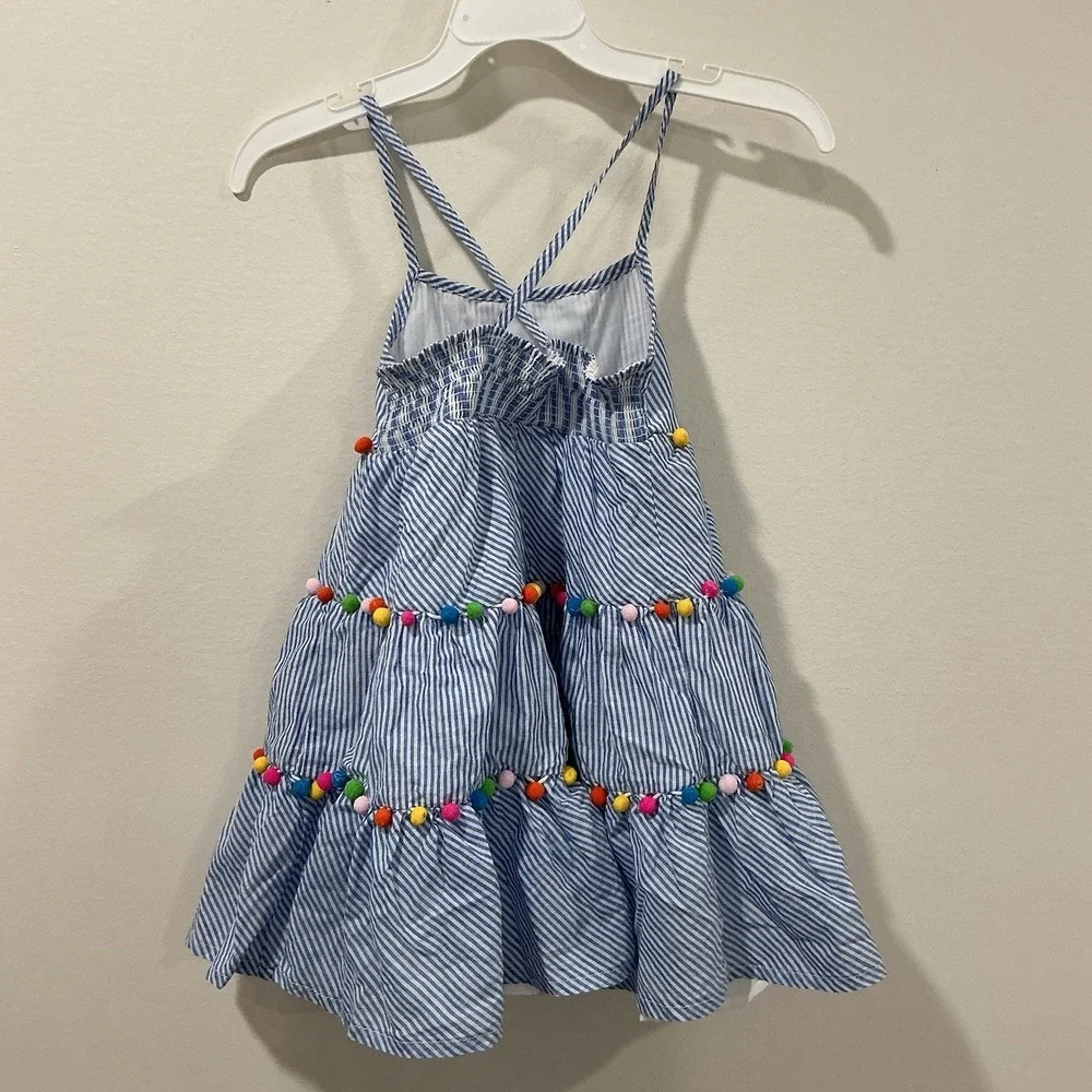 Tommy Bahama Girls Size 3T Dress Blue White Stripe Pom Pom Tiered Beach Vacation